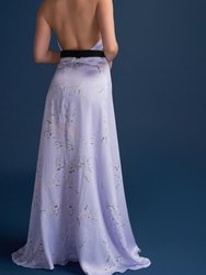 Gracie Glowing Backless Floor Length Gown In Sakura Lilac Print