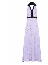 Gracie Glowing Backless Floor Length Gown In Sakura Lilac Print - Lilac