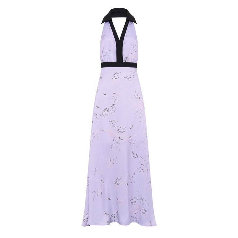 Gracie Glowing Backless Floor Length Gown In Sakura Lilac Print - Lilac