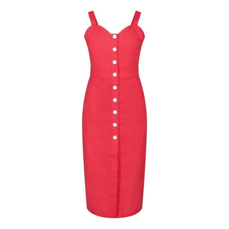 Queenie Quintessential Sweetheart High Waisted Dress In Red Pin Spot - Red Pin Spot