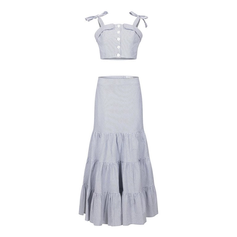Summer Spinning Crop Top and Maxi Skirt set In Blue and White Stripe - Blue And White Stripe