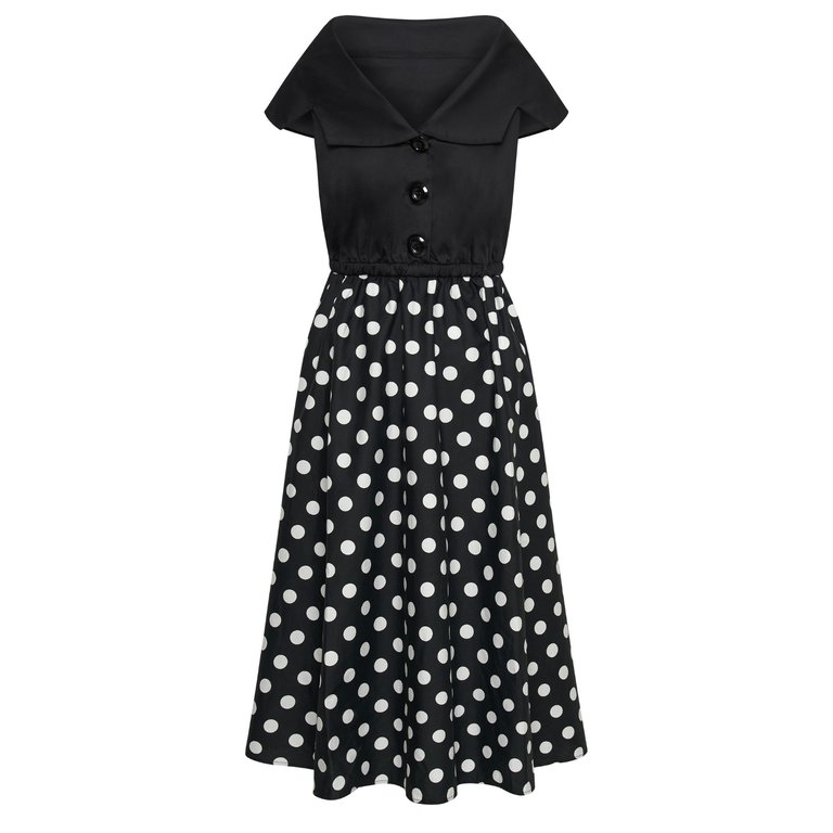 Tatiana Twirling Dress With Cape Collar And Full Skirt In Black & White Polka Dot - Black & White Polka Dot