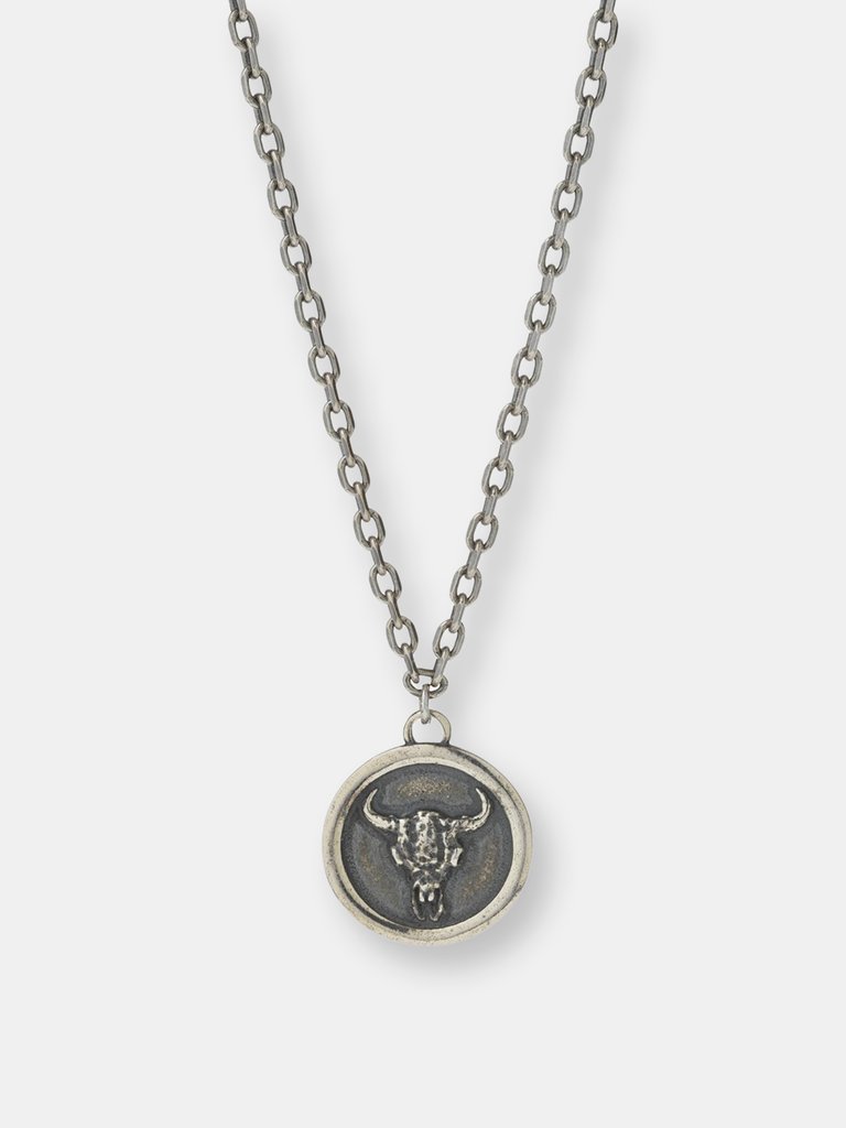 Sterling Silver Bull Skull Pendant Necklace - Silver