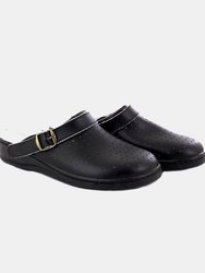 Unisex Swivel Bar Coated Leather Clogs - Black