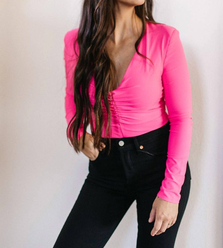 Cinched Front Bodysuit In Hot Pink - Hot Pink