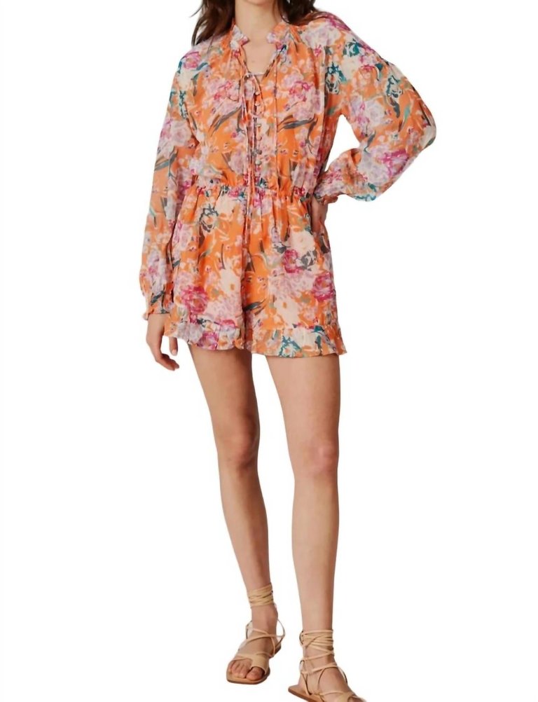 Printed Romper In Orange Multi - Orange Multi