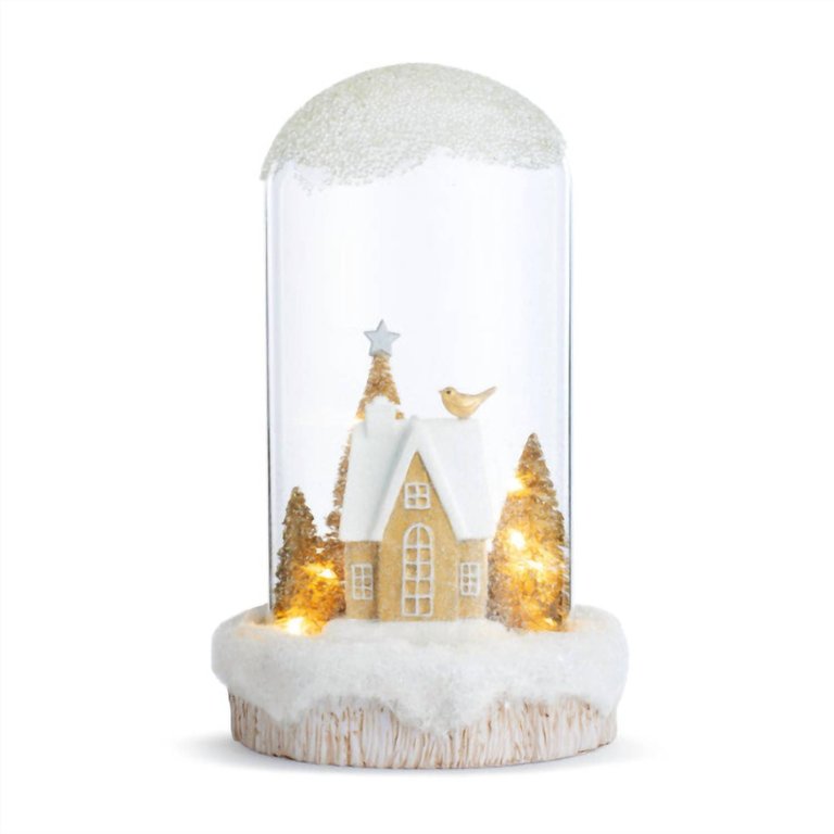 Winter Home Cloche Vignette In White/Gold - White/Gold