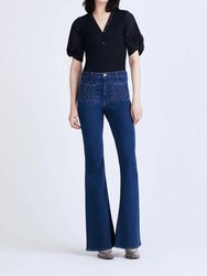 High Rise Flare Jean With Woven Pockets In Atlantic - Atlantic