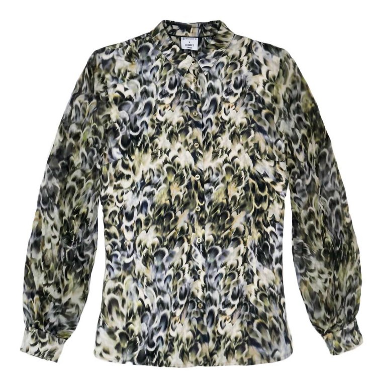 Pia Sheer Sleeve Abstract Feathers Print Blouse In Green/Multi