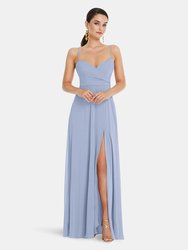 Adjustable Strap Wrap Bodice Maxi Dress with Front Slit - Sky Blue