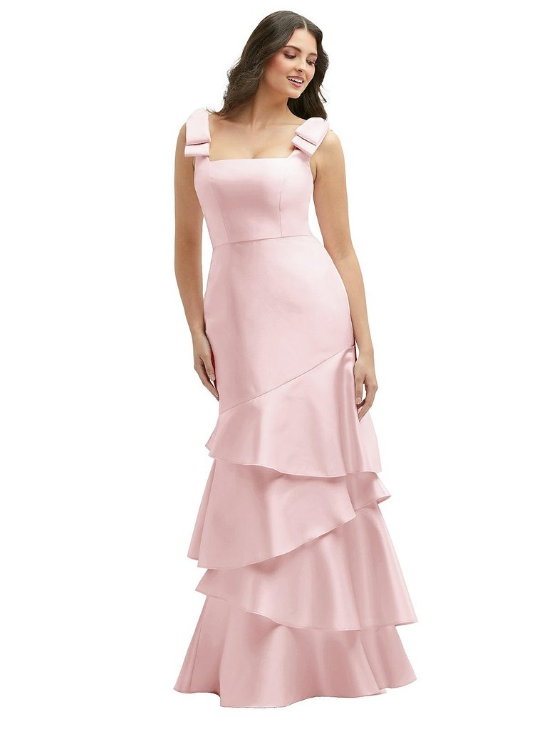 Bow-Shoulder Satin Maxi Dress With Asymmetrical Tiered Skirt - 3126 - Ballet Pink
