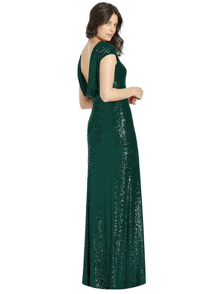 Cap Sleeve Cowl-Back Sequin Gown with Front Slit - 3043