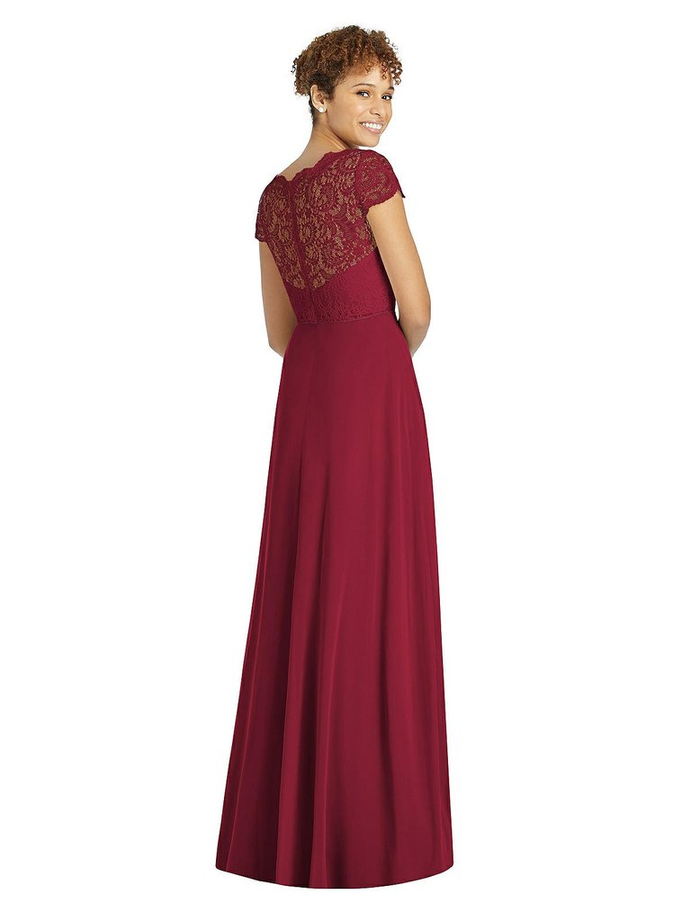 Cap Sleeve Illusion-Back Lace And Chiffon Dress - 3033