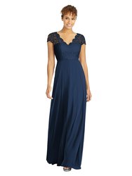 Cap Sleeve Illusion-Back Lace And Chiffon Dress - 3033 - Midnight Navy