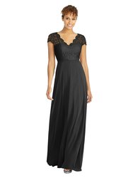 Cap Sleeve Illusion-Back Lace And Chiffon Dress - 3033 - Black