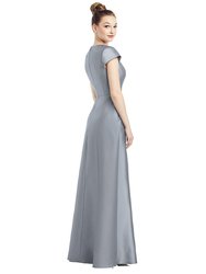 Cap Sleeve V-Neck Satin Gown with Pockets - D779