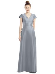 Cap Sleeve V-Neck Satin Gown with Pockets - D779 - Platinum