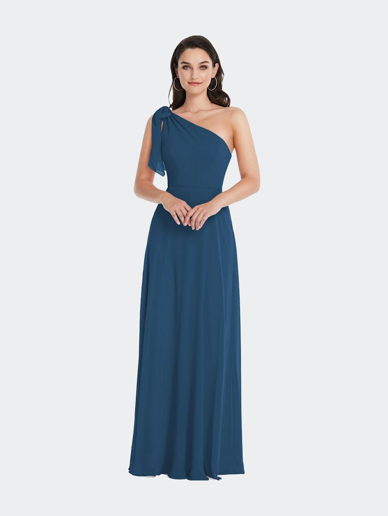 Draped One-Shoulder Maxi Dress With Scarf Bow - Dusk Blue