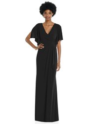 Faux Wrap Split Sleeve Maxi Dress With Cascade Skirt - 3107 - Black