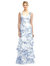 Floral Bow-Shoulder Satin Maxi Dress with Asymmetrical Tiered Skirt - 3126FP - Cottage Rose Larkspur