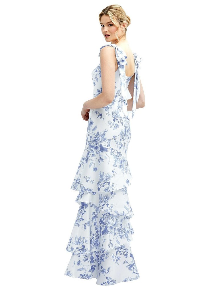 Floral Bow-Shoulder Satin Maxi Dress with Asymmetrical Tiered Skirt - 3126FP