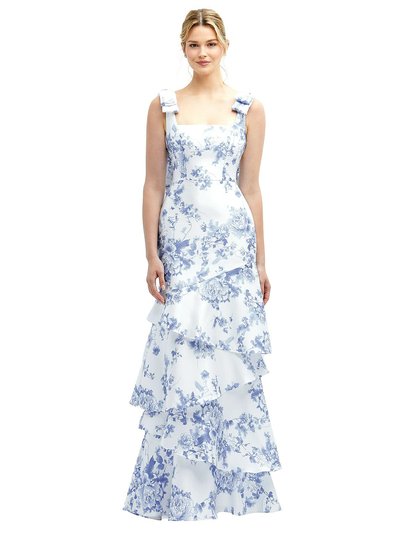 Dessy Collection Floral Bow-Shoulder Satin Maxi Dress with Asymmetrical Tiered Skirt - 3126FP product
