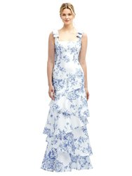 Floral Bow-Shoulder Satin Maxi Dress with Asymmetrical Tiered Skirt - 3126FP - Cottage Rose Larkspur