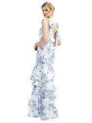 Floral Bow-Shoulder Satin Maxi Dress with Asymmetrical Tiered Skirt - 3126FP