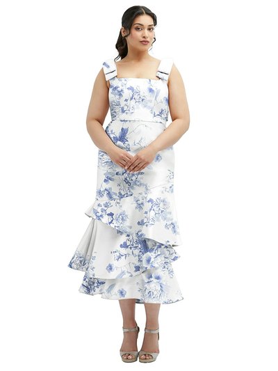 Dessy Collection Floral Bow-Shoulder Satin Midi Dress With Asymmetrical Tiered Skirt - 3127FP product