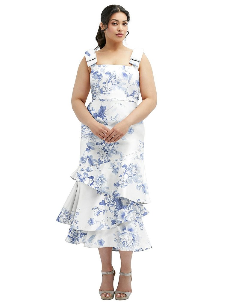 Floral Bow-Shoulder Satin Midi Dress With Asymmetrical Tiered Skirt - 3127FP - Cottage Rose Larkspur
