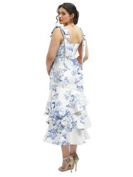 Floral Bow-Shoulder Satin Midi Dress With Asymmetrical Tiered Skirt - 3127FP