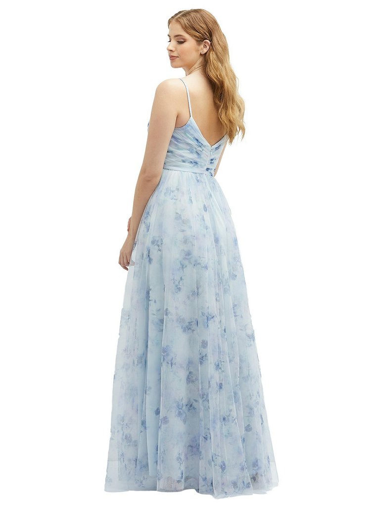 Floral Ruched Wrap Bodice Tulle Dress With Long Full Skirt - 3128FP