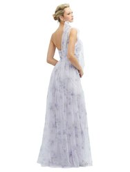 Floral Scarf Tie One-Shoulder Tulle Dress with Long Full Skirt - 3130FP