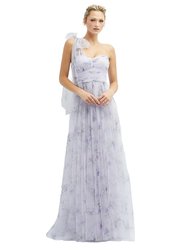 Floral Scarf Tie One-Shoulder Tulle Dress with Long Full Skirt - 3130FP - Lilac Haze Garden