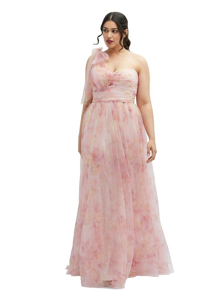 Floral Scarf Tie One-Shoulder Tulle Dress with Long Full Skirt - 3130FP - Rose Garden