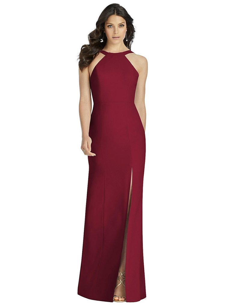 High-Neck Backless Crepe Trumpet Gown - 3039  - Burgundy