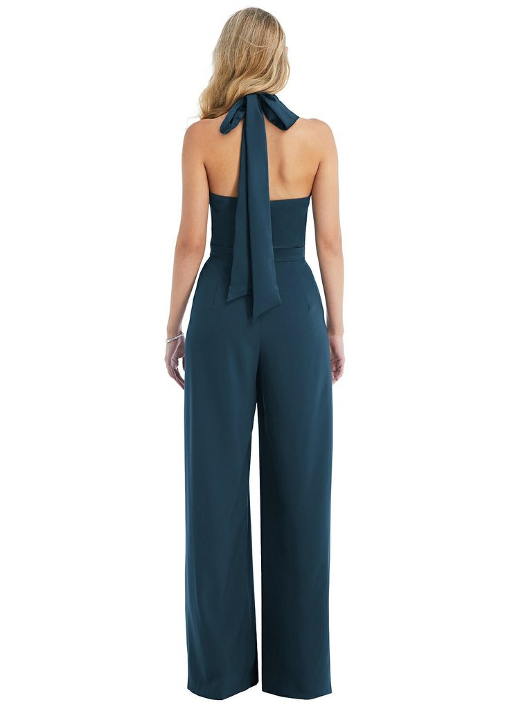 High-Neck Open-Back Jumpsuit with Scarf Tie - 6835