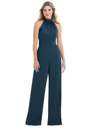 High-Neck Open-Back Jumpsuit with Scarf Tie - 6835 - Atlantic Blue