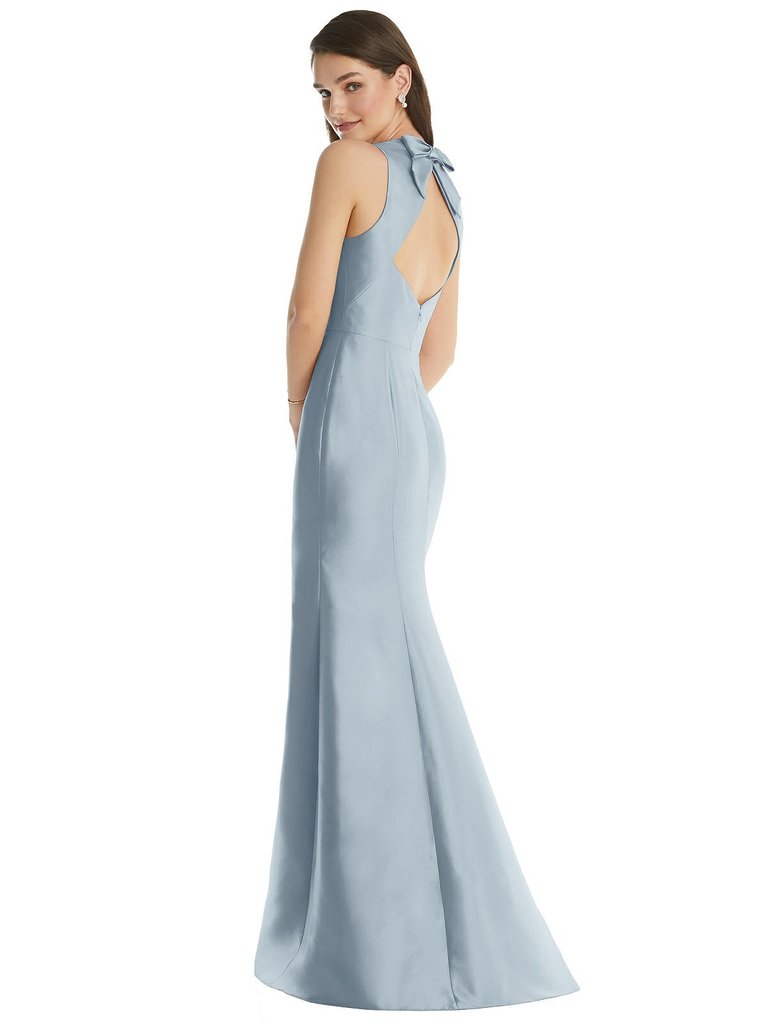 Jewel Neck Bowed Open-Back Trumpet Dress with Front Slit - D824