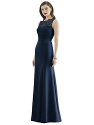 Lace Bodice Open-Back Trumpet Gown with Bow Belt - 2945 - Midnight Navy