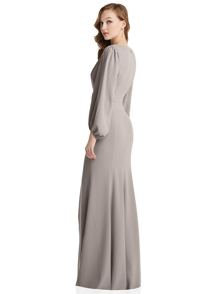 Long Puff Sleeve V-Neck Trumpet Gown - 3083