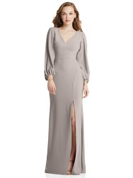 Long Puff Sleeve V-Neck Trumpet Gown - 3083 - Taupe