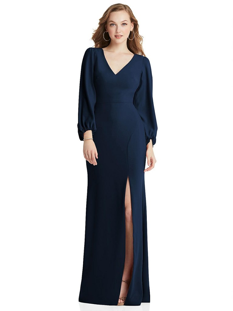 Long Puff Sleeve V-Neck Trumpet Gown - 3083 - Midnight Navy