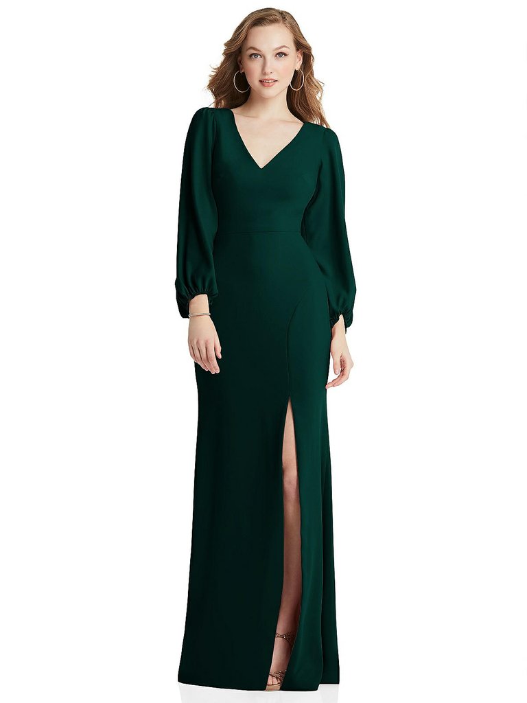 Long Puff Sleeve V-Neck Trumpet Gown - 3083 - Evergreen