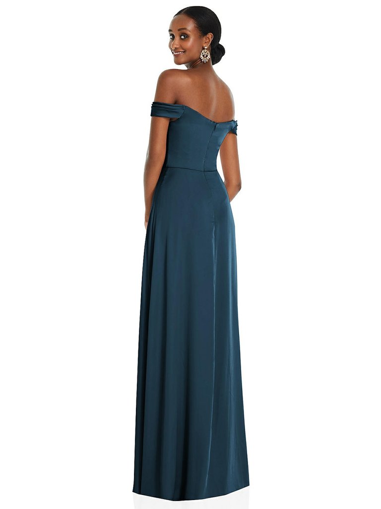 Off-the-Shoulder Flounce Sleeve Empire Waist Gown With Front Slit - 3108