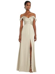 Off-the-Shoulder Flounce Sleeve Empire Waist Gown With Front Slit - 3108 - Champagne