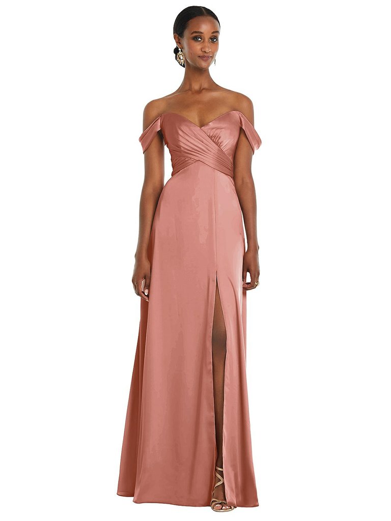 Off-the-Shoulder Flounce Sleeve Empire Waist Gown With Front Slit - 3108 - Desert Rose