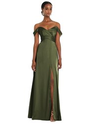 Off-the-Shoulder Flounce Sleeve Empire Waist Gown With Front Slit - 3108 - Olive Green