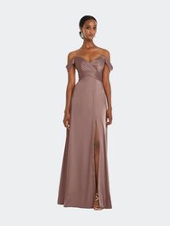 Off-The-Shoulder Flounce Sleeve Empire Waist Gown With Front Slit - Sienna