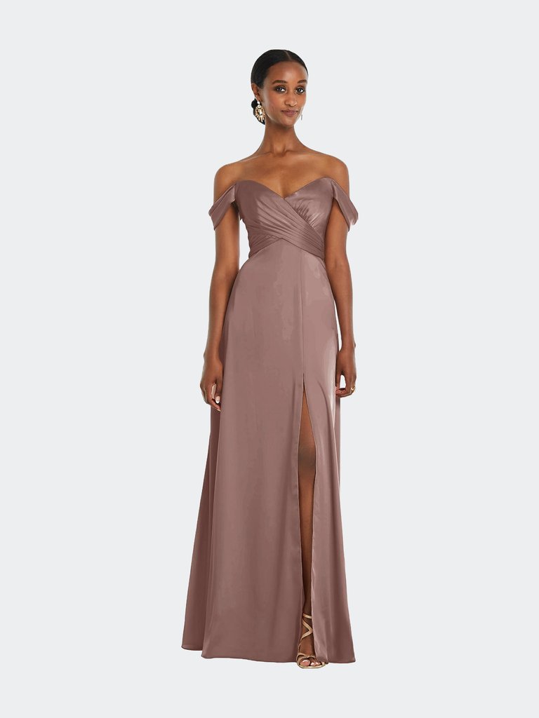 Off-The-Shoulder Flounce Sleeve Empire Waist Gown With Front Slit - Sienna